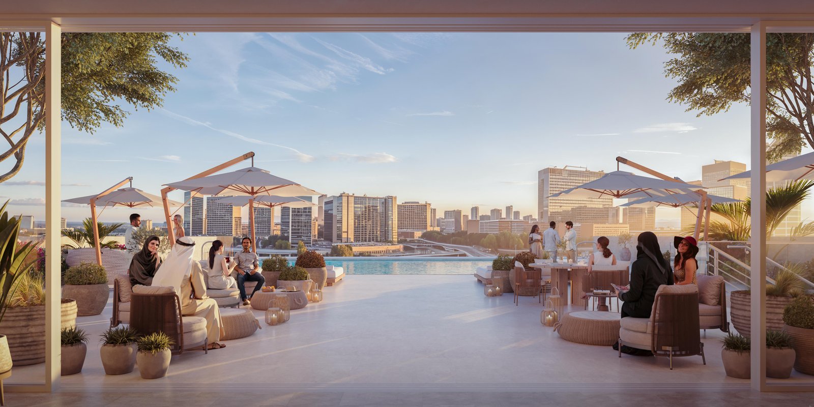 Resort-style pool deck at Muheira Tower, Al Reem Island, with skyline and canal views in the background.